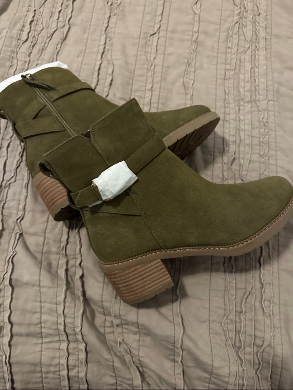 Toms Olive Green Suede Ankle Boots with Stacked Heel